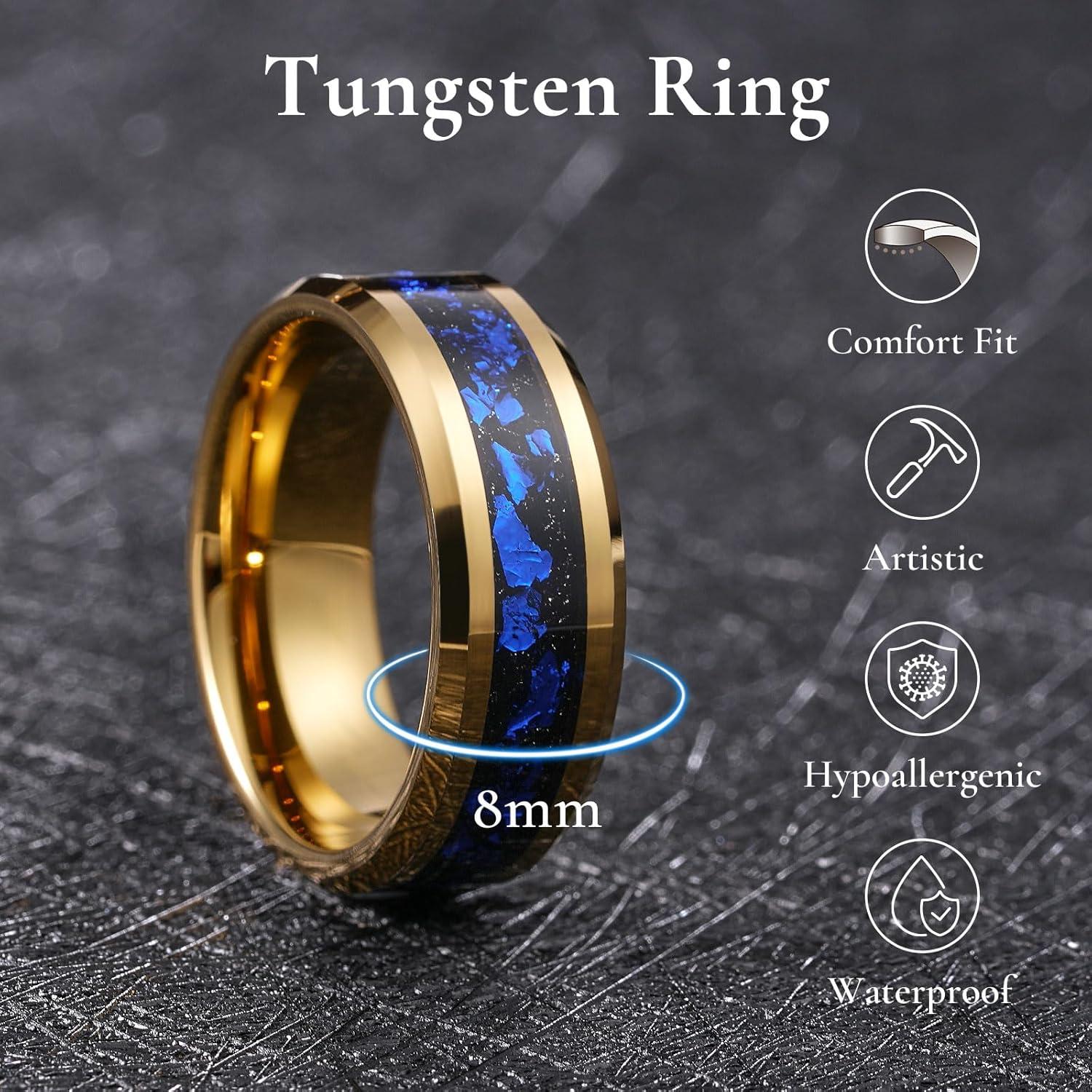 imageKing Will Mens Wedding Band with Foils Inlay BlackSilverGold Beveled Edge Glowstone Ring 6mm8mm Tungsten Carbide Rings Comfort FitGoldBlue8mm