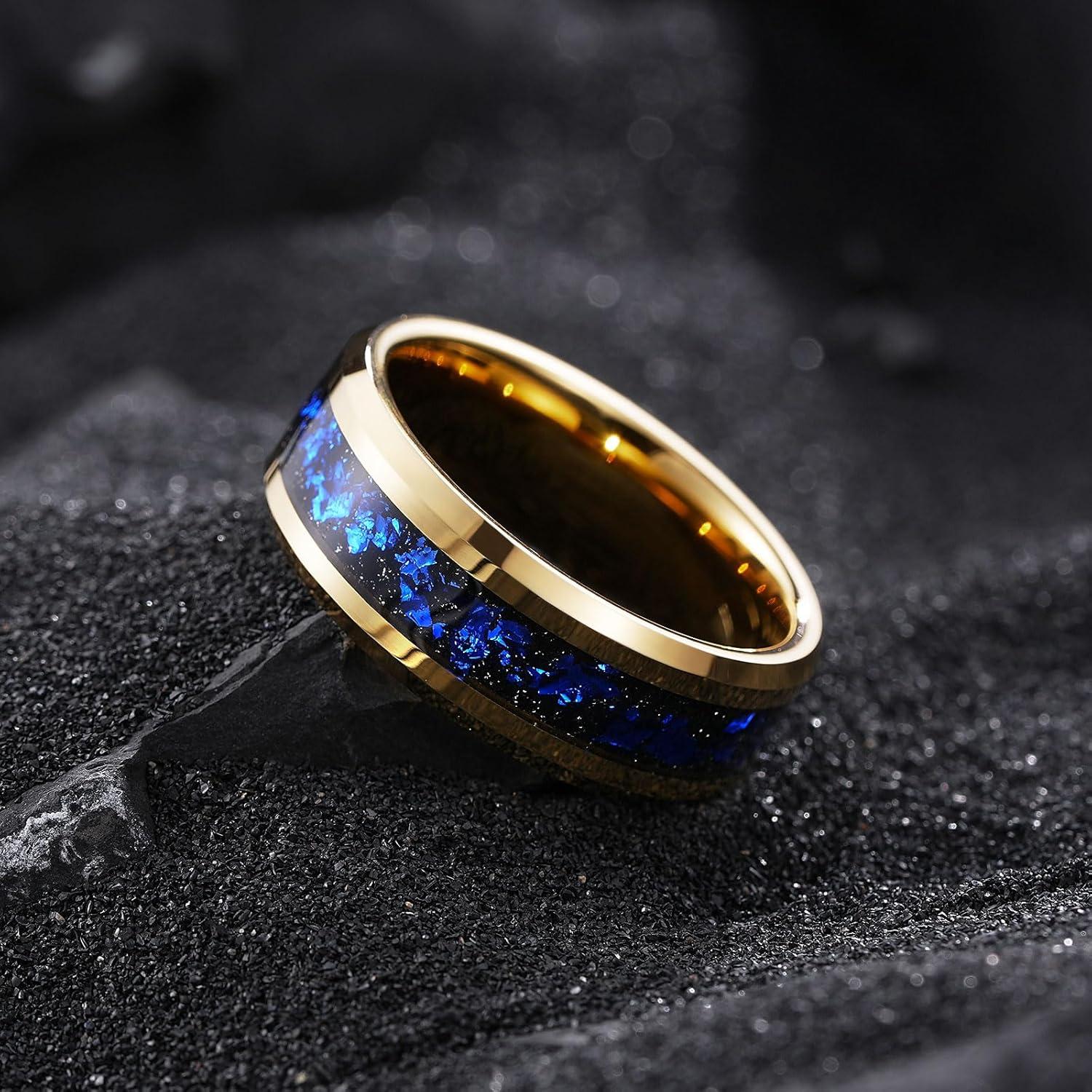 imageKing Will Mens Wedding Band with Foils Inlay BlackSilverGold Beveled Edge Glowstone Ring 6mm8mm Tungsten Carbide Rings Comfort FitGoldBlue8mm