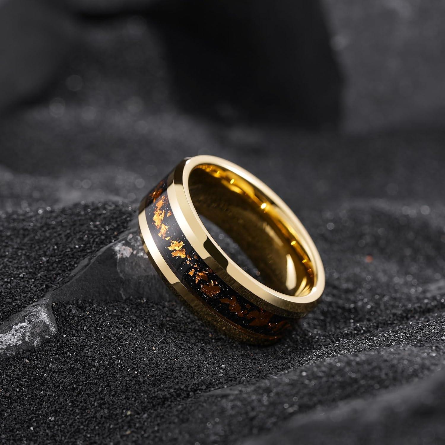 imageKing Will Mens Wedding Band with Foils Inlay BlackSilverGold Beveled Edge Glowstone Ring 6mm8mm Tungsten Carbide Rings Comfort FitGoldOrange8mm