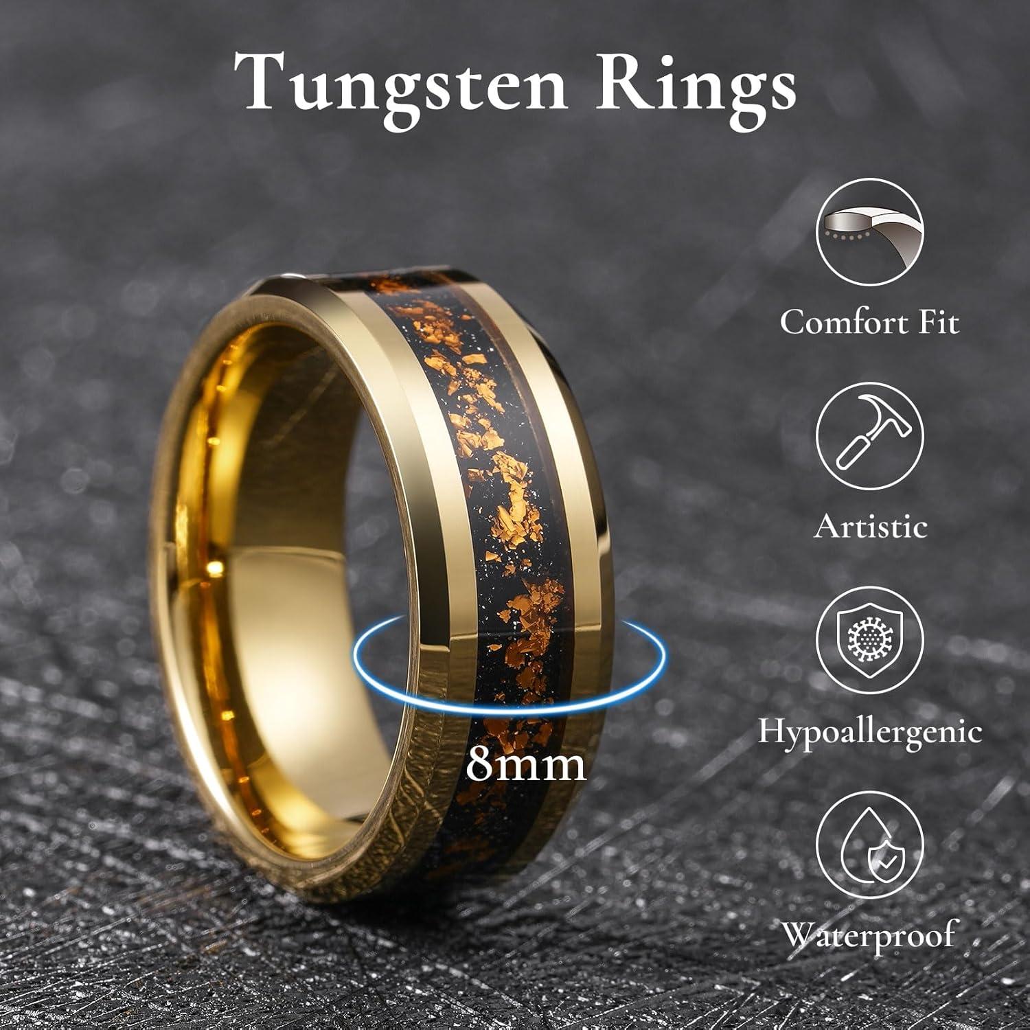 imageKing Will Mens Wedding Band with Foils Inlay BlackSilverGold Beveled Edge Glowstone Ring 6mm8mm Tungsten Carbide Rings Comfort FitGoldOrange8mm