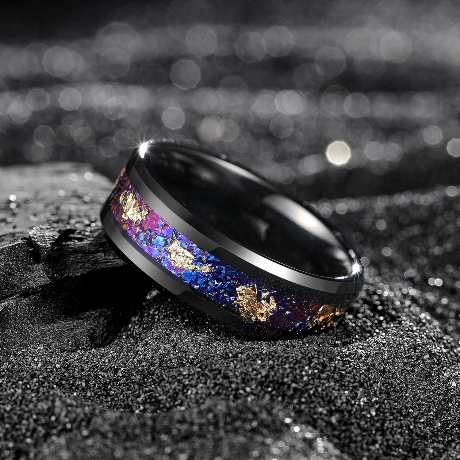 imageKing Will Mens Wedding Band with Foils Inlay BlackSilverGold Beveled Edge Glowstone Ring 6mm8mm Tungsten Carbide Rings Comfort FitPurpleGold