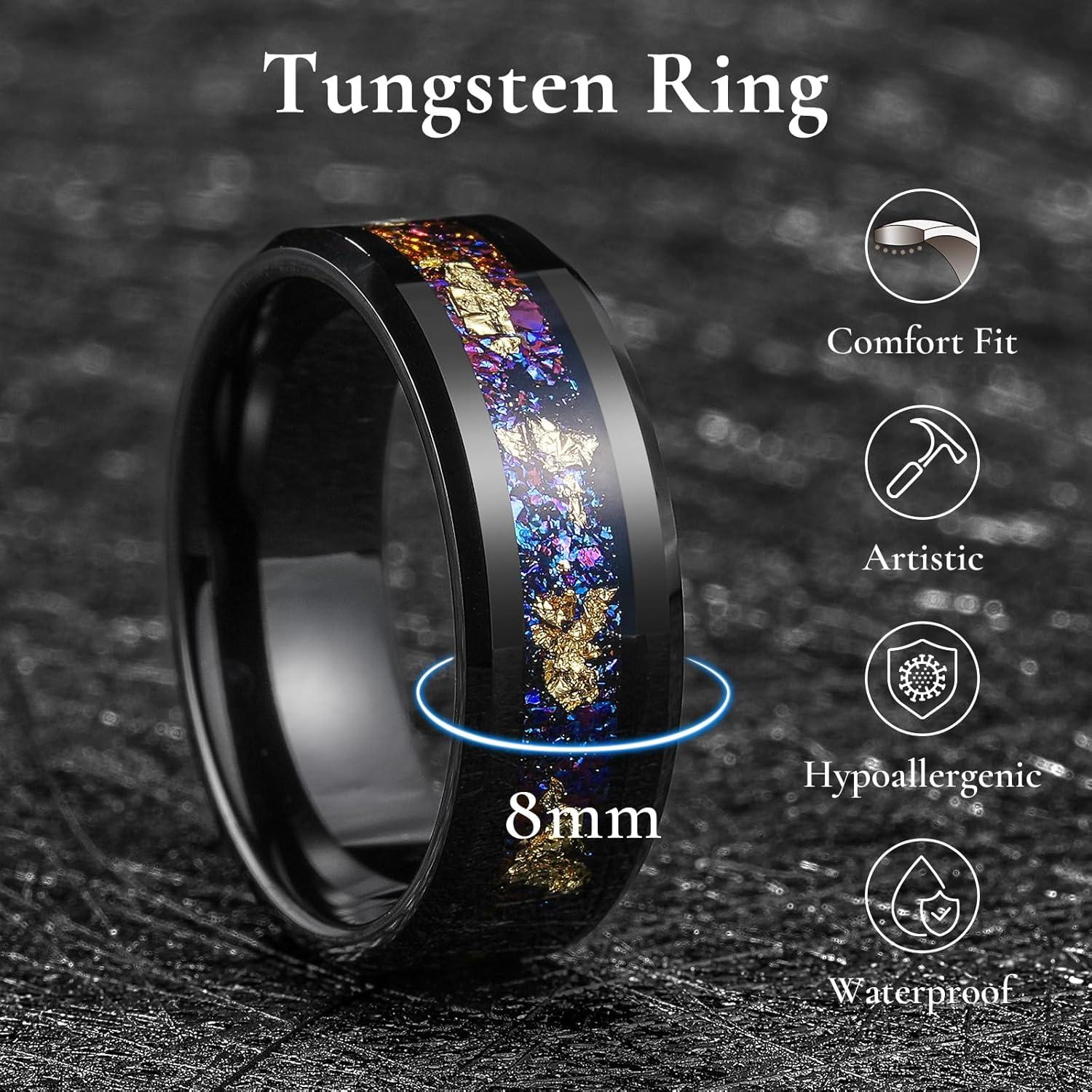 imageKing Will Mens Wedding Band with Foils Inlay BlackSilverGold Beveled Edge Glowstone Ring 6mm8mm Tungsten Carbide Rings Comfort FitPurpleGold