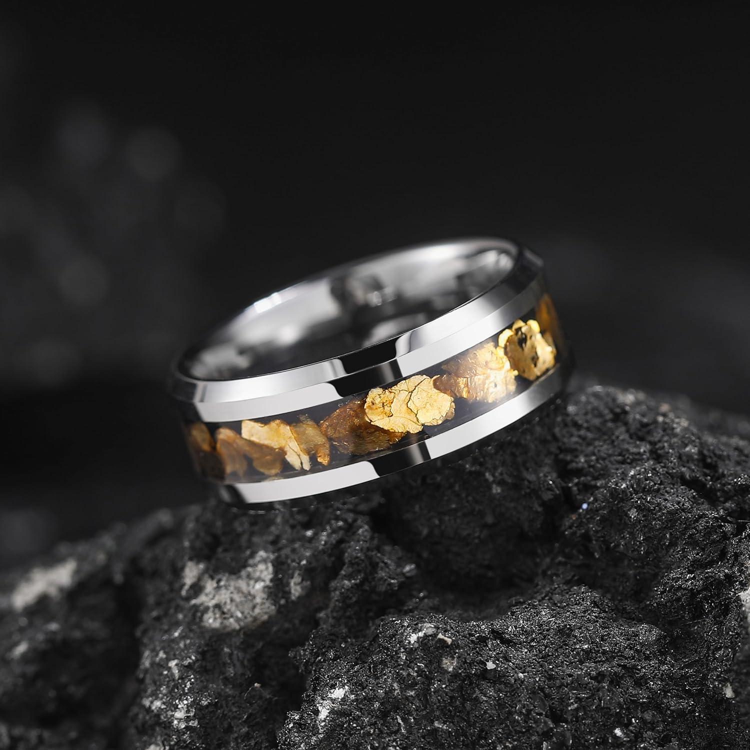 imageKing Will Mens Wedding Band with Foils Inlay BlackSilverGold Beveled Edge Glowstone Ring 6mm8mm Tungsten Carbide Rings Comfort FitSilverGold Stone8mm