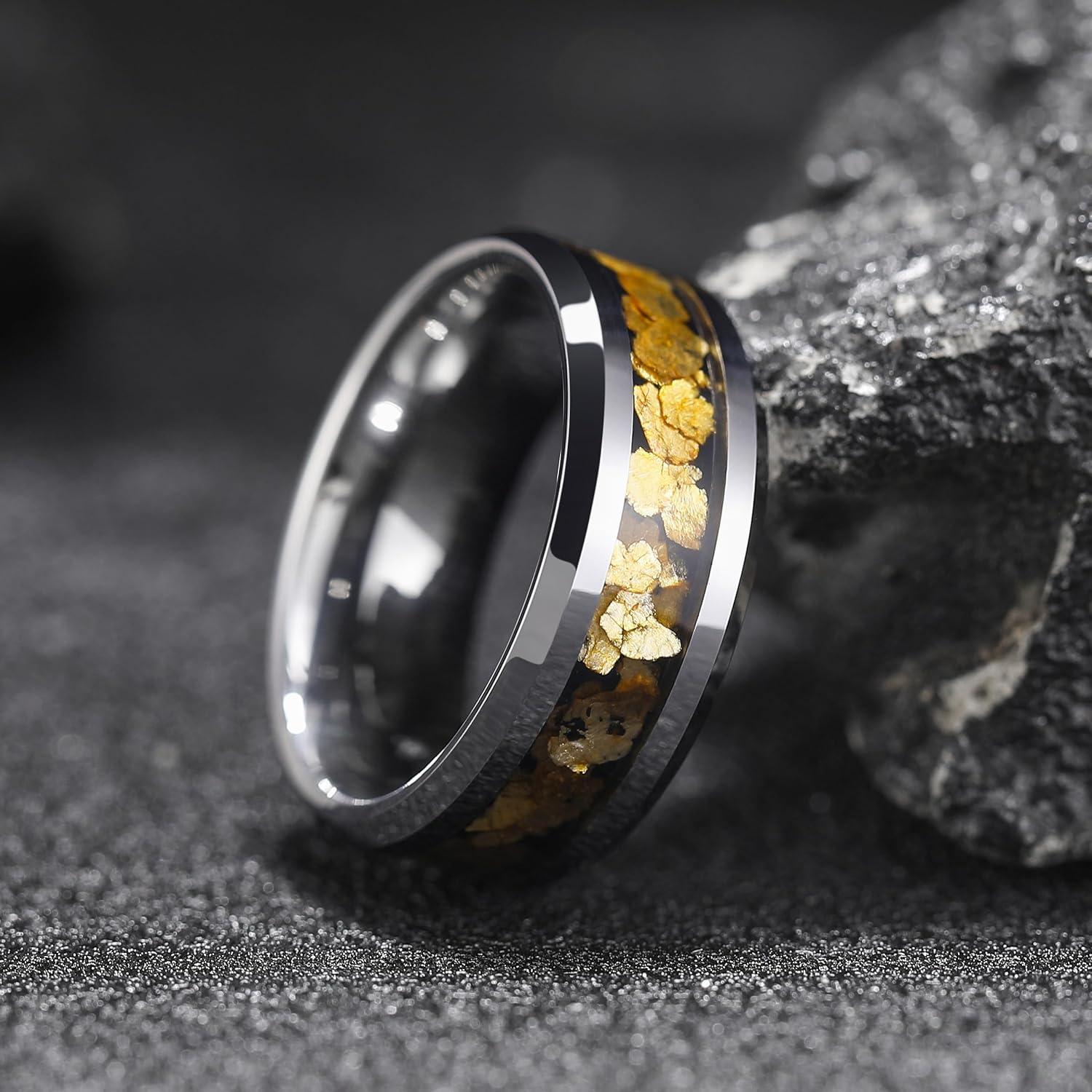 imageKing Will Mens Wedding Band with Foils Inlay BlackSilverGold Beveled Edge Glowstone Ring 6mm8mm Tungsten Carbide Rings Comfort FitSilverGold Stone8mm