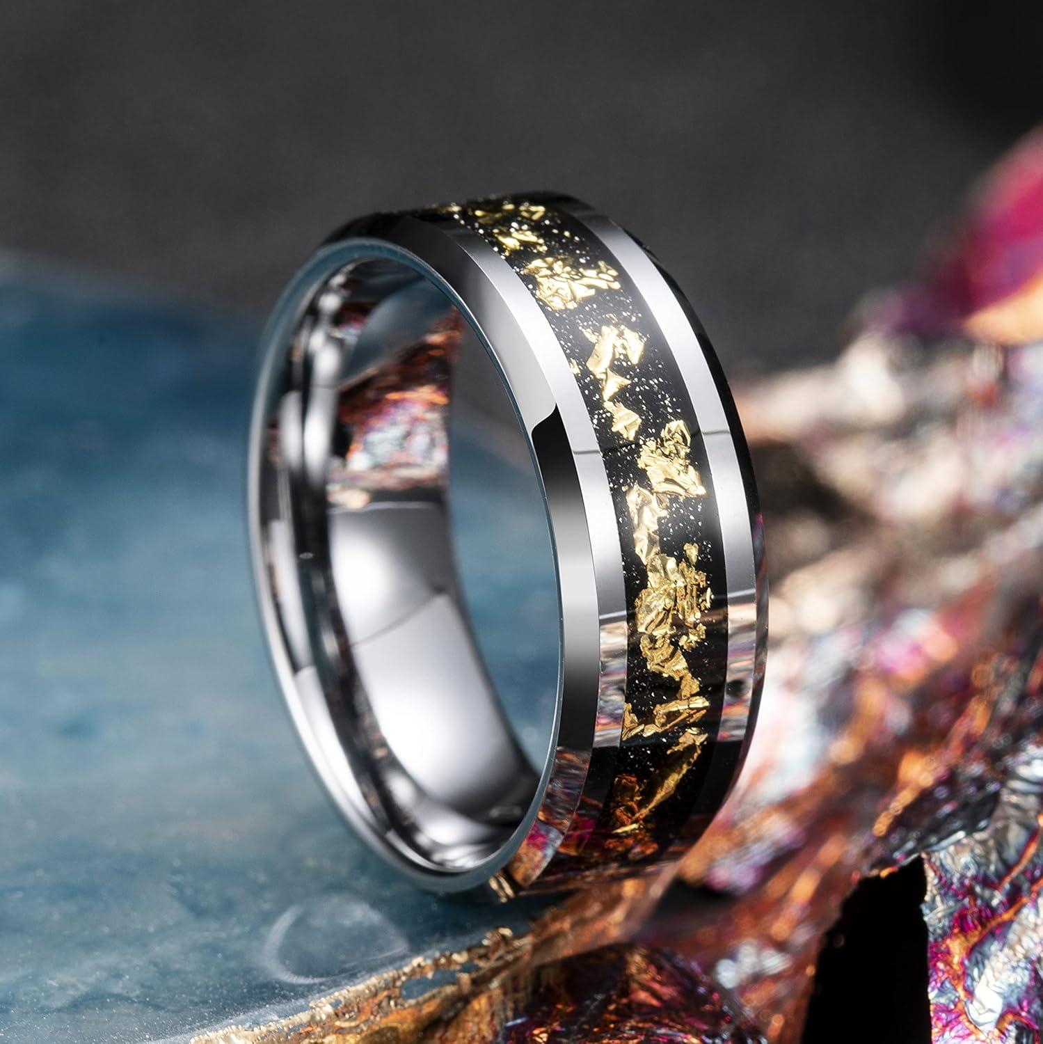 imageKing Will Mens Wedding Band with Foils Inlay BlackSilverGold Beveled Edge Glowstone Ring 6mm8mm Tungsten Carbide Rings Comfort FitSilverGold8mm