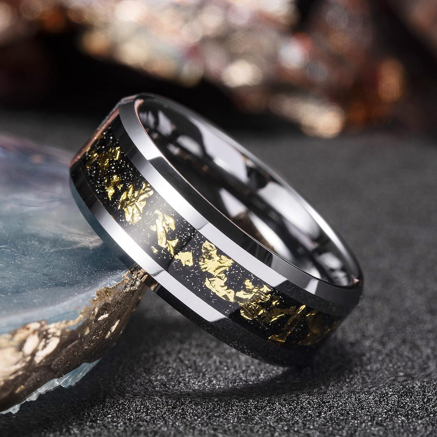 imageKing Will Mens Wedding Band with Foils Inlay BlackSilverGold Beveled Edge Glowstone Ring 6mm8mm Tungsten Carbide Rings Comfort FitSilverGold8mm