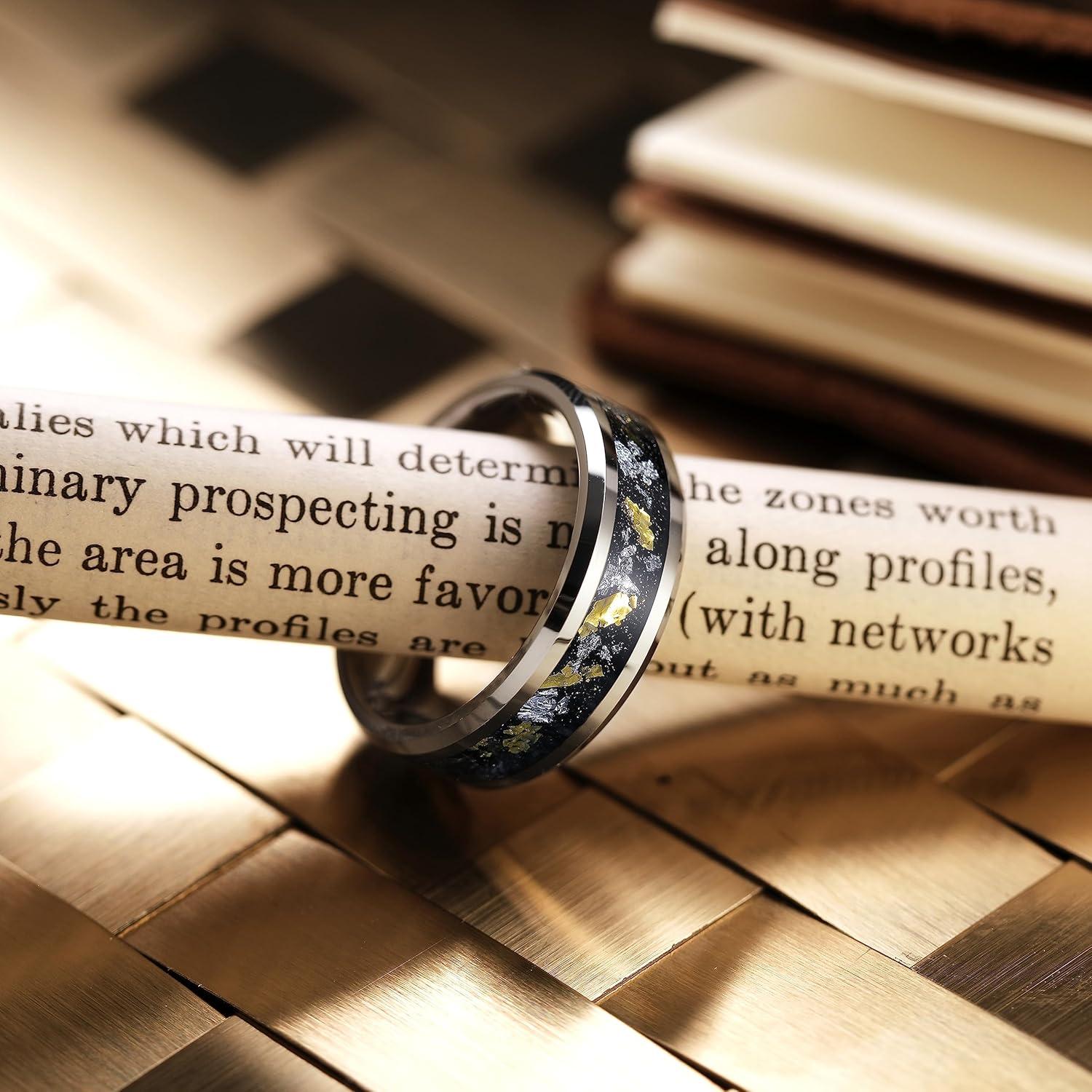 imageKing Will Mens Wedding Band with Foils Inlay BlackSilverGold Beveled Edge Glowstone Ring 6mm8mm Tungsten Carbide Rings Comfort FitSilverGoldSilver8mm