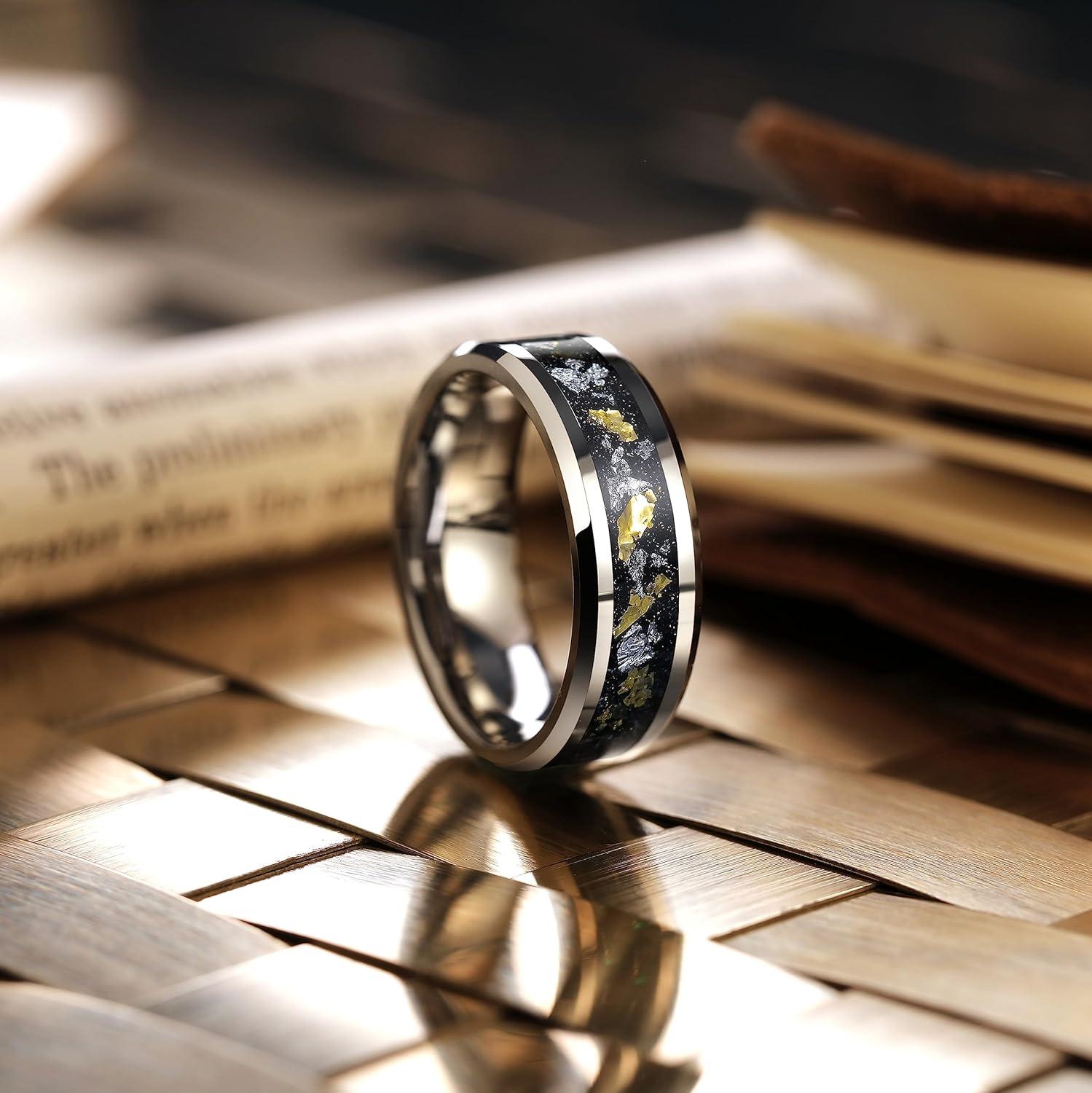 imageKing Will Mens Wedding Band with Foils Inlay BlackSilverGold Beveled Edge Glowstone Ring 6mm8mm Tungsten Carbide Rings Comfort FitSilverGoldSilver8mm
