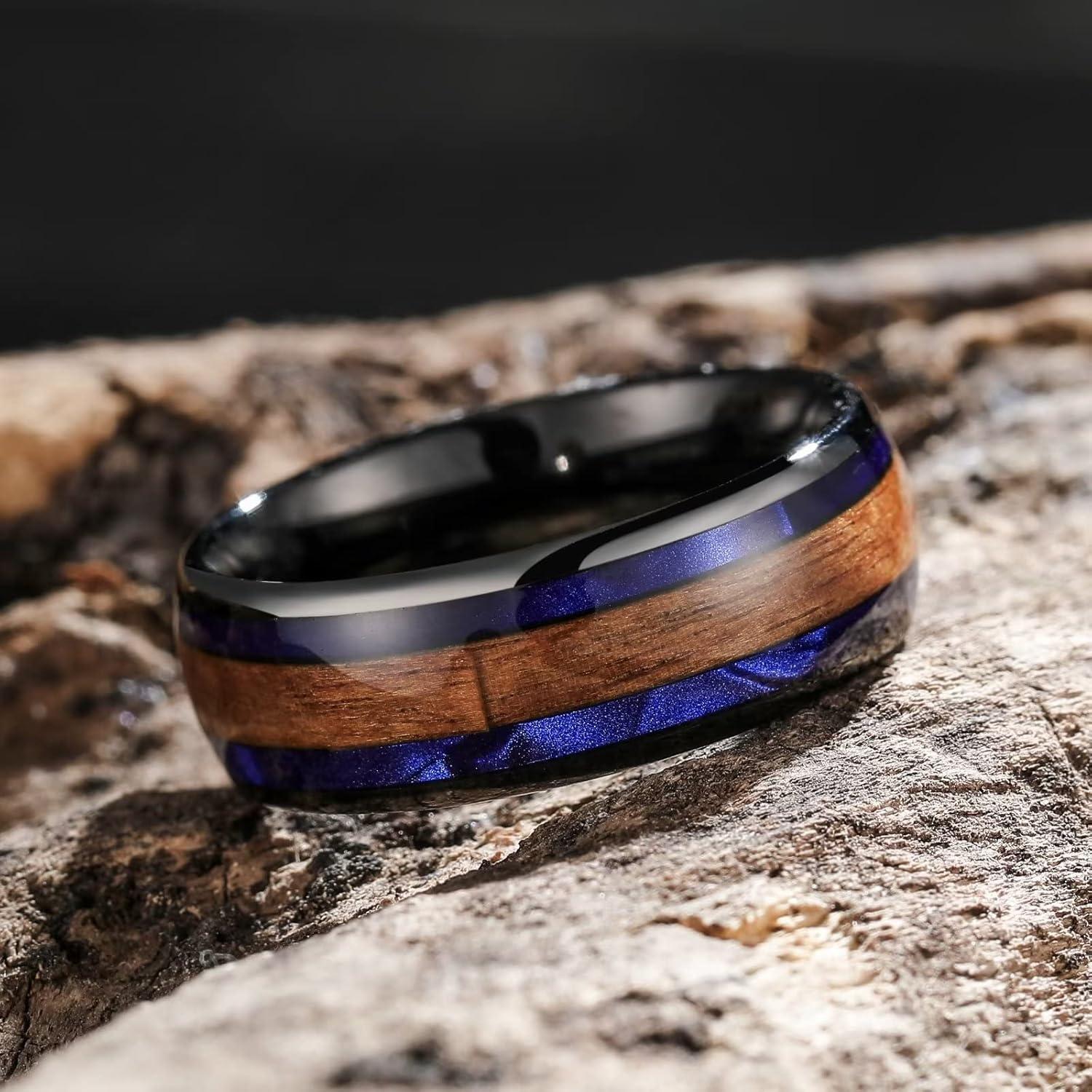 imageKing Will Nature 8mm Turquoise Tungsten Carbide Wedding Ring Abalone Shell Opal Inlaid Real Wood Engagement Band for MenBlack Blue8mm