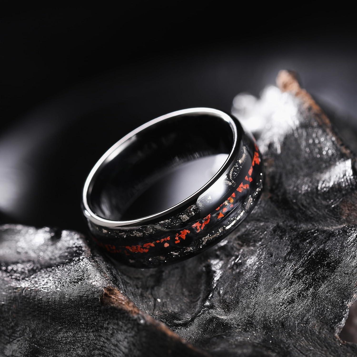 imageKing Will Nature 8mm Turquoise Tungsten Carbide Wedding Ring Abalone Shell Opal Inlaid Real Wood Engagement Band for MenBlack Red8mm