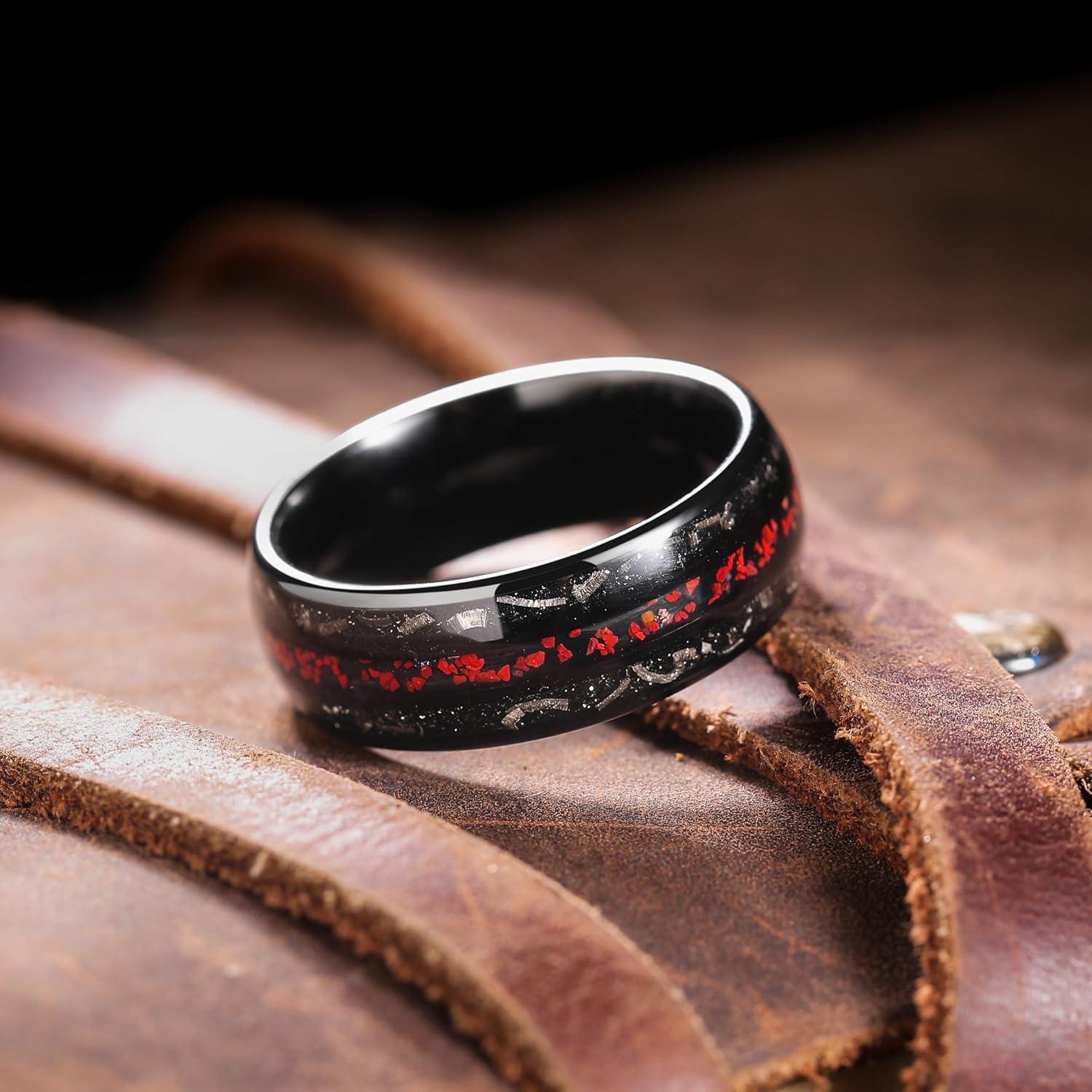 imageKing Will Nature 8mm Turquoise Tungsten Carbide Wedding Ring Abalone Shell Opal Inlaid Real Wood Engagement Band for MenBlack Red8mm
