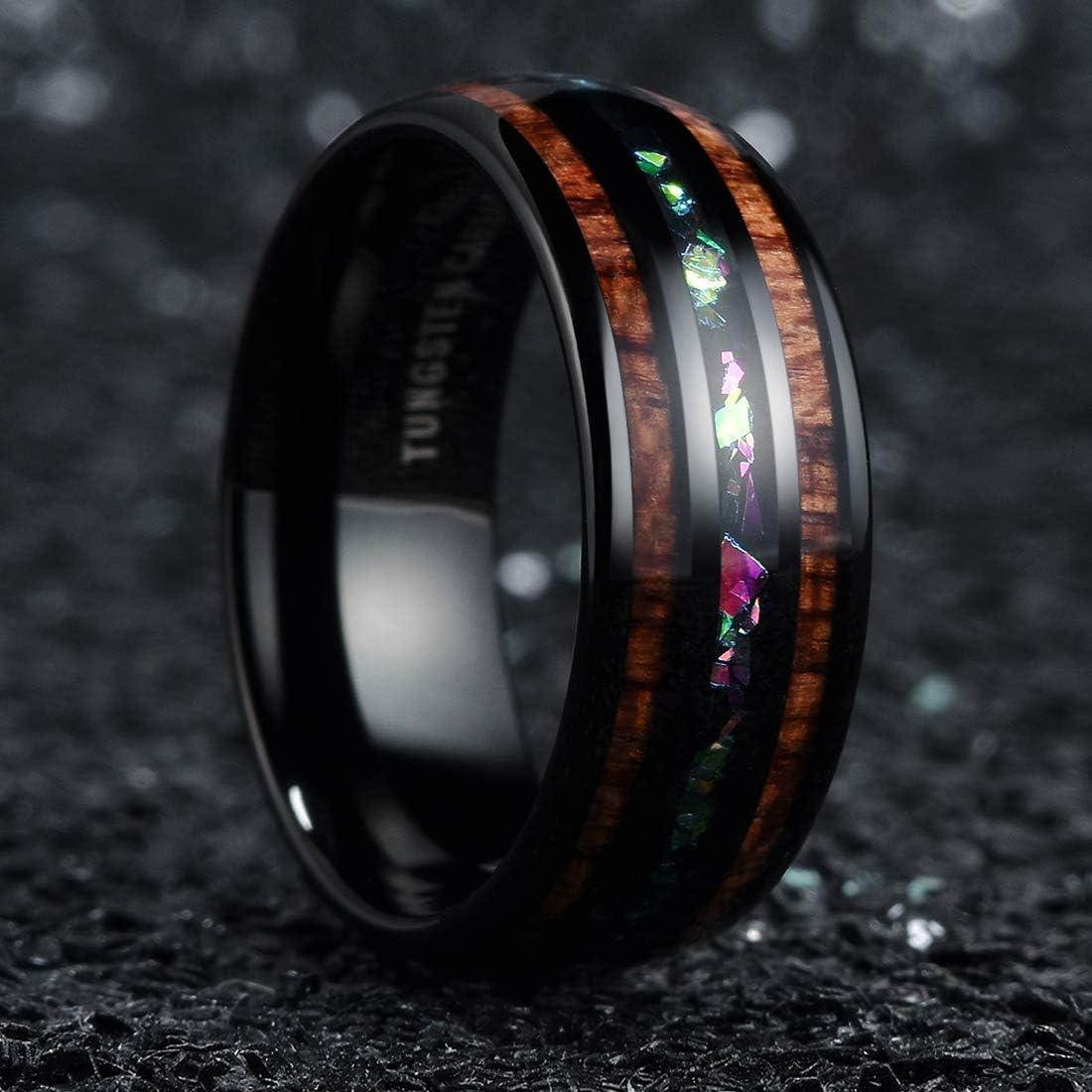 imageKing Will Nature 8mm Turquoise Tungsten Carbide Wedding Ring Abalone Shell Opal Inlaid Real Wood Engagement Band for MenColorful Fragments