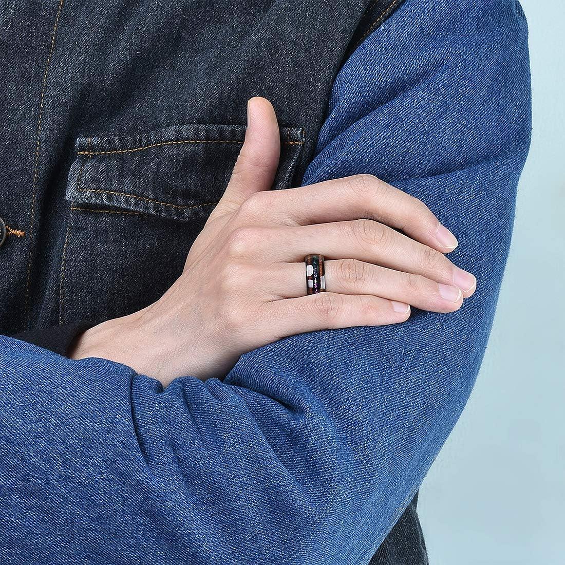 imageKing Will Nature 8mm Turquoise Tungsten Carbide Wedding Ring Abalone Shell Opal Inlaid Real Wood Engagement Band for MenColorful Fragments