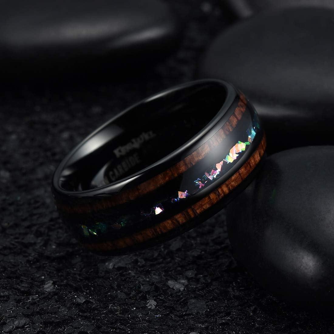 imageKing Will Nature 8mm Turquoise Tungsten Carbide Wedding Ring Abalone Shell Opal Inlaid Real Wood Engagement Band for MenColorful Fragments