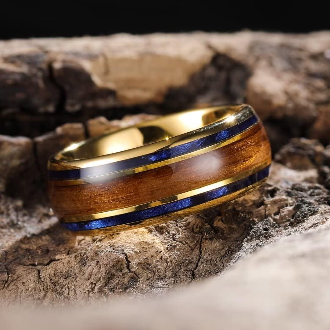 imageKing Will Nature 8mm Turquoise Tungsten Carbide Wedding Ring Abalone Shell Opal Inlaid Real Wood Engagement Band for MenGold8mm