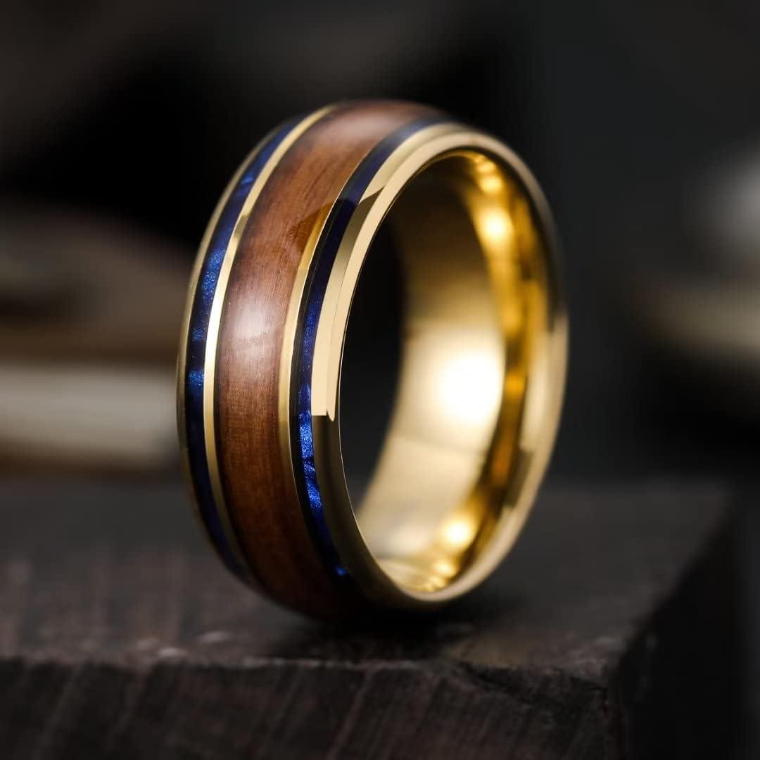 imageKing Will Nature 8mm Turquoise Tungsten Carbide Wedding Ring Abalone Shell Opal Inlaid Real Wood Engagement Band for MenGold8mm
