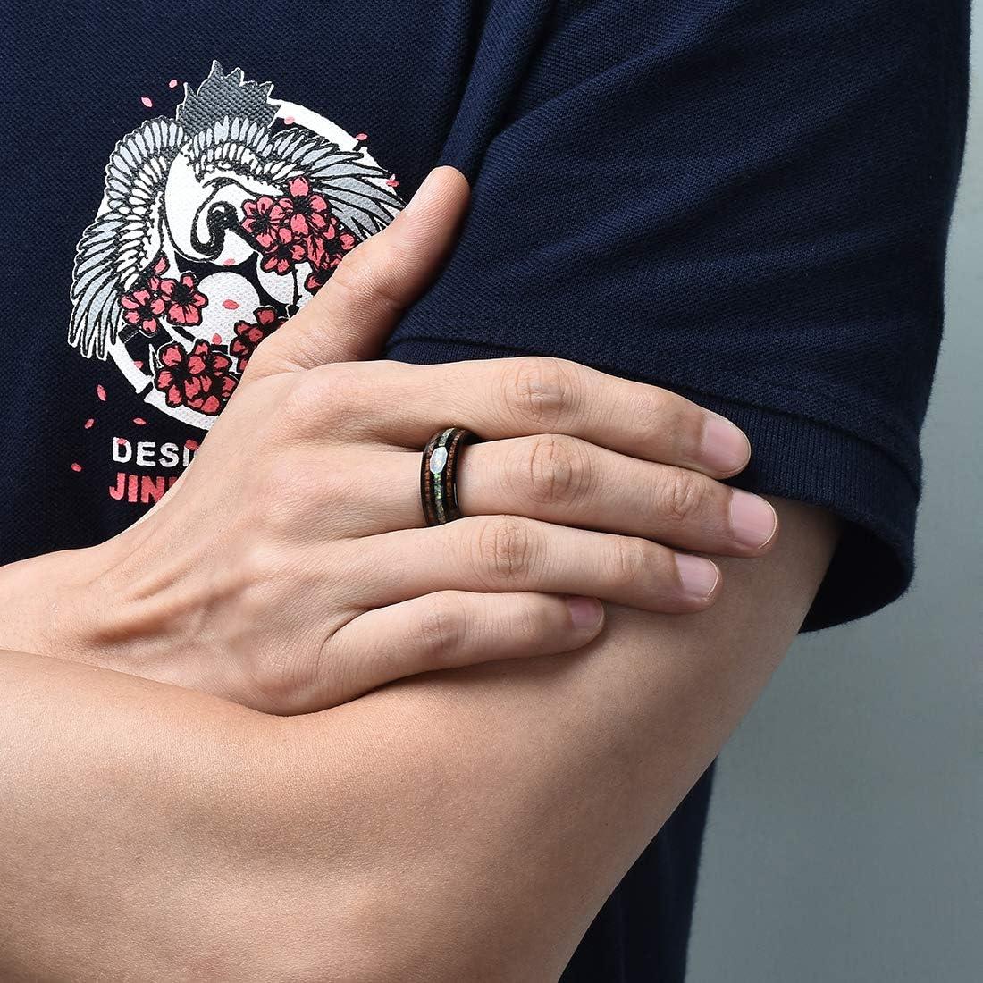 imageKing Will Nature 8mm Turquoise Tungsten Carbide Wedding Ring Abalone Shell Opal Inlaid Real Wood Engagement Band for MenMulticolor