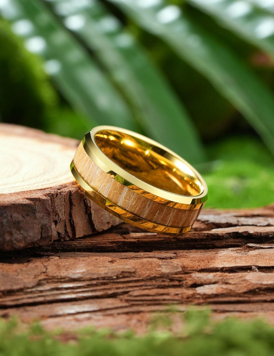 imageKing Will Nature Koa Wood Inlay Tungsten Carbide Wedding Ring 8mm SilverBlackGoldGreenRose GoldBlue Wedding Band for Men High Polished Anniversary Rings Comfort Fit Size 615Gold with Nature Wood