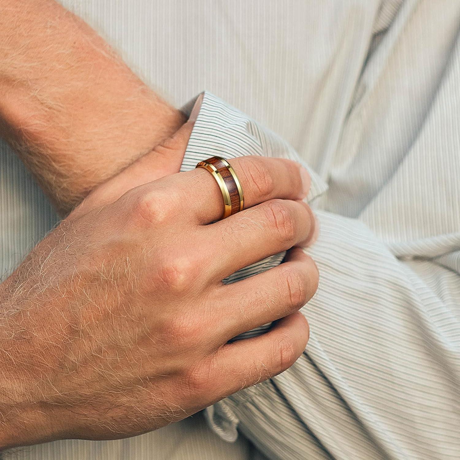 imageKing Will Nature Koa Wood Inlay Tungsten Carbide Wedding Ring 8mm SilverBlackGoldGreenRose GoldBlue Wedding Band for Men High Polished Anniversary Rings Comfort Fit Size 615Gold Rosewood Inlay