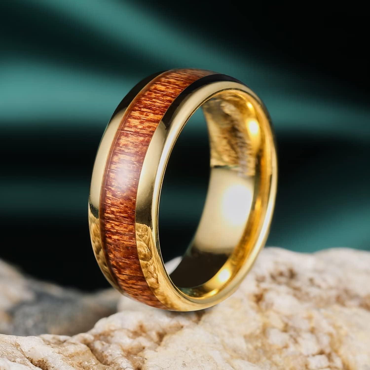 imageKing Will Nature Koa Wood Inlay Tungsten Carbide Wedding Ring 8mm SilverBlackGoldGreenRose GoldBlue Wedding Band for Men High Polished Anniversary Rings Comfort Fit Size 615Gold