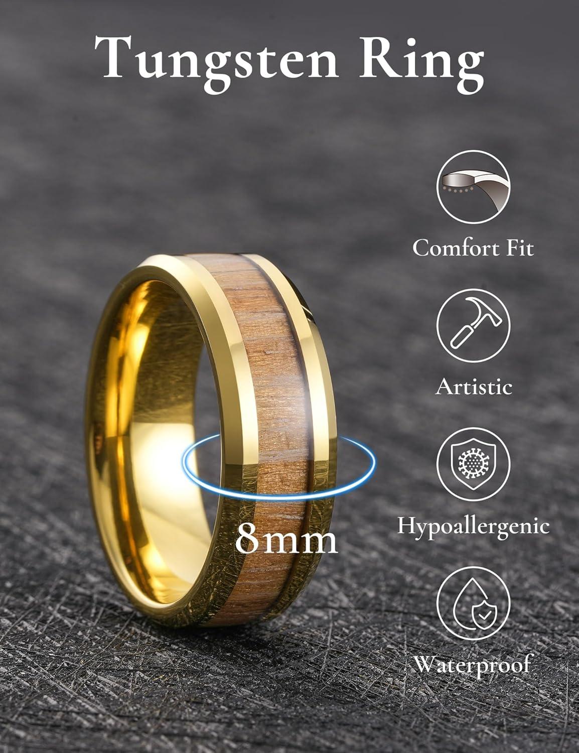 imageKing Will Nature Koa Wood Inlay Tungsten Carbide Wedding Ring 8mm SilverBlackGoldGreenRose GoldBlue Wedding Band for Men High Polished Anniversary Rings Comfort Fit Size 615Gold with Nature Wood