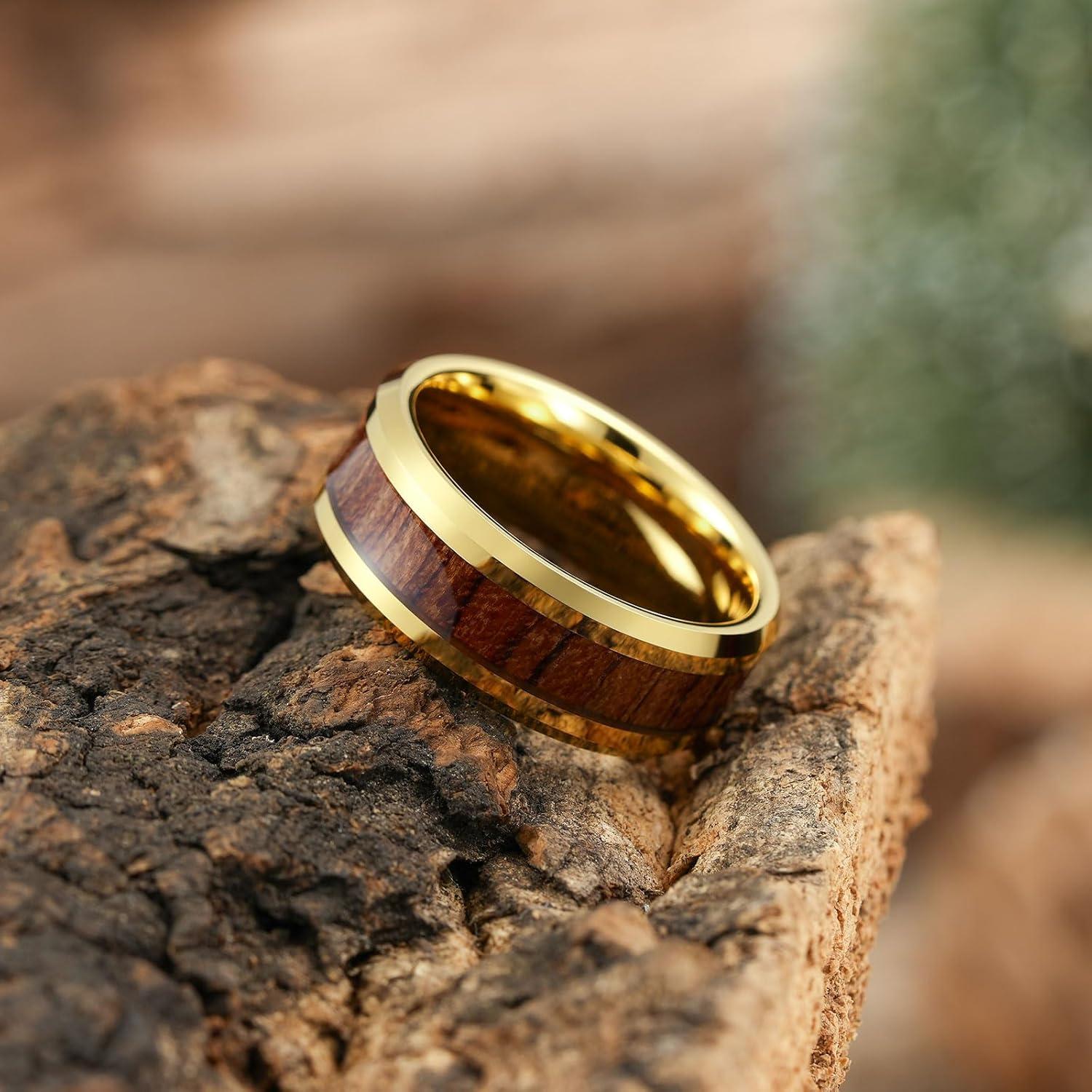 imageKing Will Nature Koa Wood Inlay Tungsten Carbide Wedding Ring 8mm SilverBlackGoldGreenRose GoldBlue Wedding Band for Men High Polished Anniversary Rings Comfort Fit Size 615Gold Rosewood Inlay