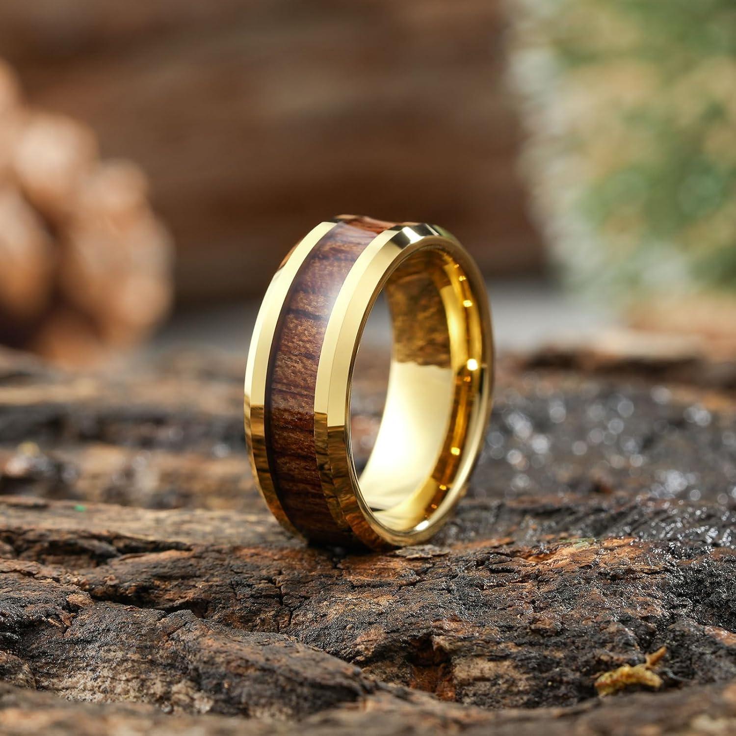 imageKing Will Nature Koa Wood Inlay Tungsten Carbide Wedding Ring 8mm SilverBlackGoldGreenRose GoldBlue Wedding Band for Men High Polished Anniversary Rings Comfort Fit Size 615Gold Rosewood Inlay