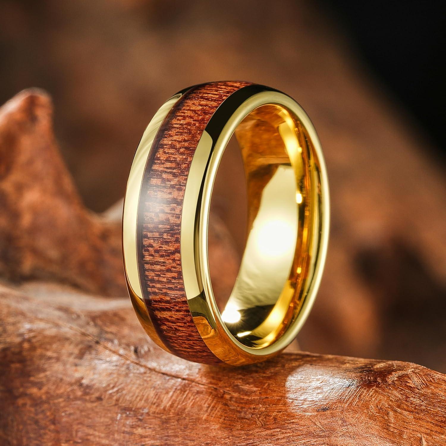 imageKing Will Nature Koa Wood Inlay Tungsten Carbide Wedding Ring 8mm SilverBlackGoldGreenRose GoldBlue Wedding Band for Men High Polished Anniversary Rings Comfort Fit Size 615Gold