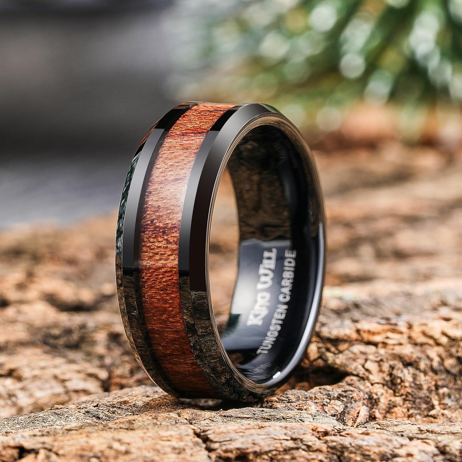 imageKing Will Nature Koa Wood Inlay Tungsten Carbide Wedding Ring 8mm SilverBlackGoldGreenRose GoldBlue Wedding Band for Men High Polished Anniversary Rings Comfort Fit Size 615Black