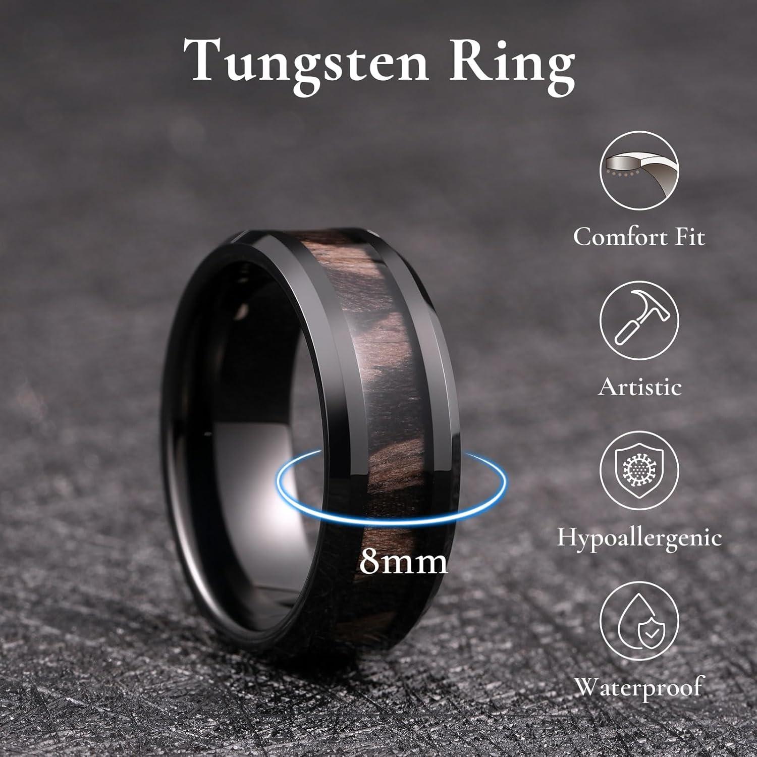 imageKing Will Nature Koa Wood Inlay Tungsten Carbide Wedding Ring 8mm SilverBlackGoldGreenRose GoldBlue Wedding Band for Men High Polished Anniversary Rings Comfort Fit Size 615Black Dark Ebony wood Inlay