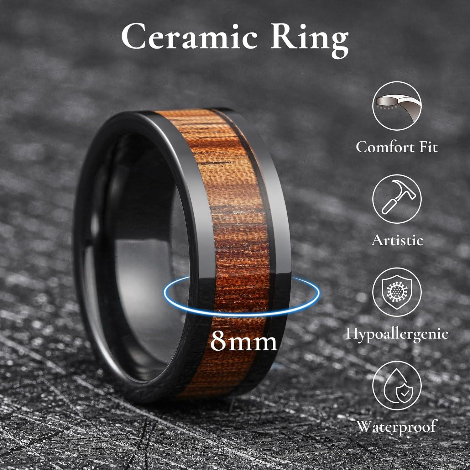 imageKing Will Nature Mens Wooden Wedding Band 78mm Black Mens Ceramic Wedding Ring with Polished Finish Brown Wood Inlay Comfort Fit Size 7148mm Black