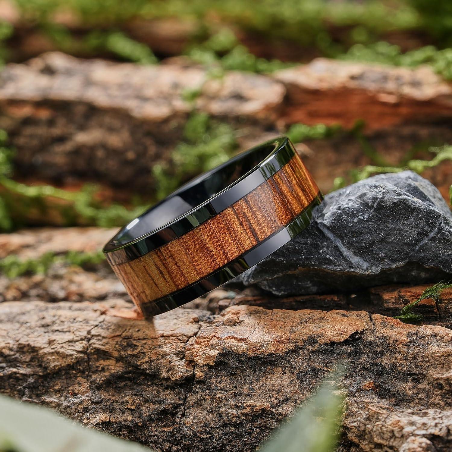 imageKing Will Nature Mens Wooden Wedding Band 78mm Black Mens Ceramic Wedding Ring with Polished Finish Brown Wood Inlay Comfort Fit Size 7148mm Black