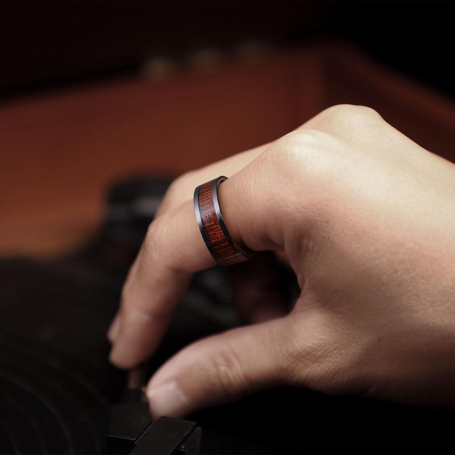 imageKing Will Nature Mens Wooden Wedding Band 78mm Black Mens Ceramic Wedding Ring with Polished Finish Brown Wood Inlay Comfort Fit Size 7148mm Brown Koa Wood