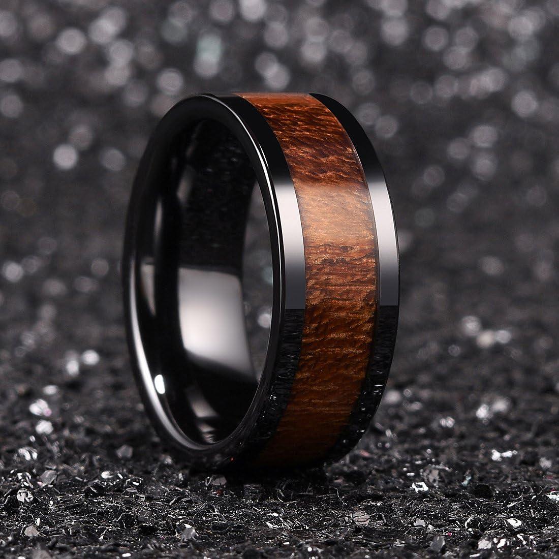 imageKing Will Nature Mens Wooden Wedding Band 78mm Black Mens Ceramic Wedding Ring with Polished Finish Brown Wood Inlay Comfort Fit Size 7148mm Brown Koa Wood