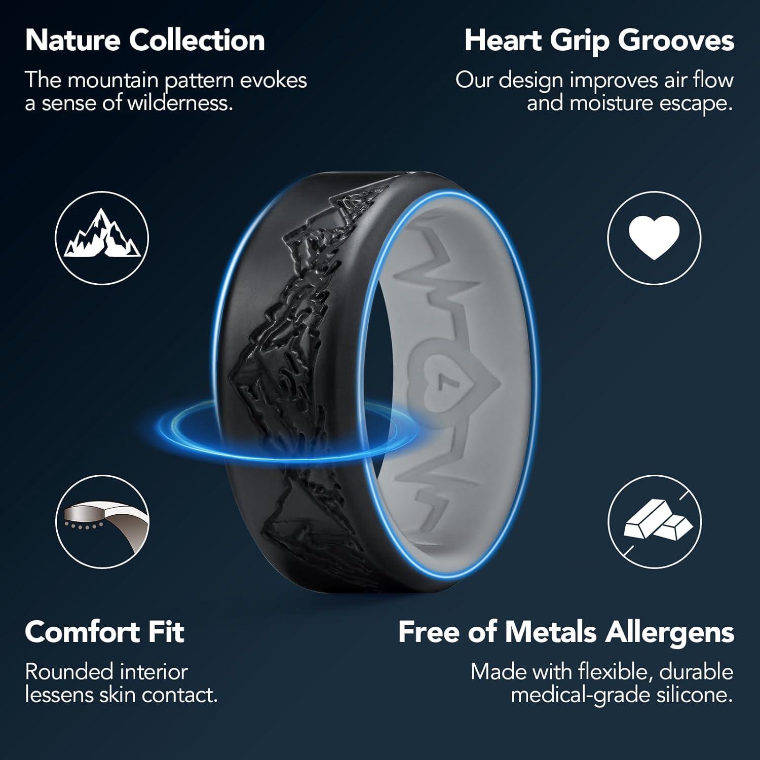 imageKing Will Silicone Rings For Men Rubber Wedding Bands with Unique Mountain Peak Design Multiple Colors 8mm Wide 22mm Thick Comfort Fit Size 713Black Gray