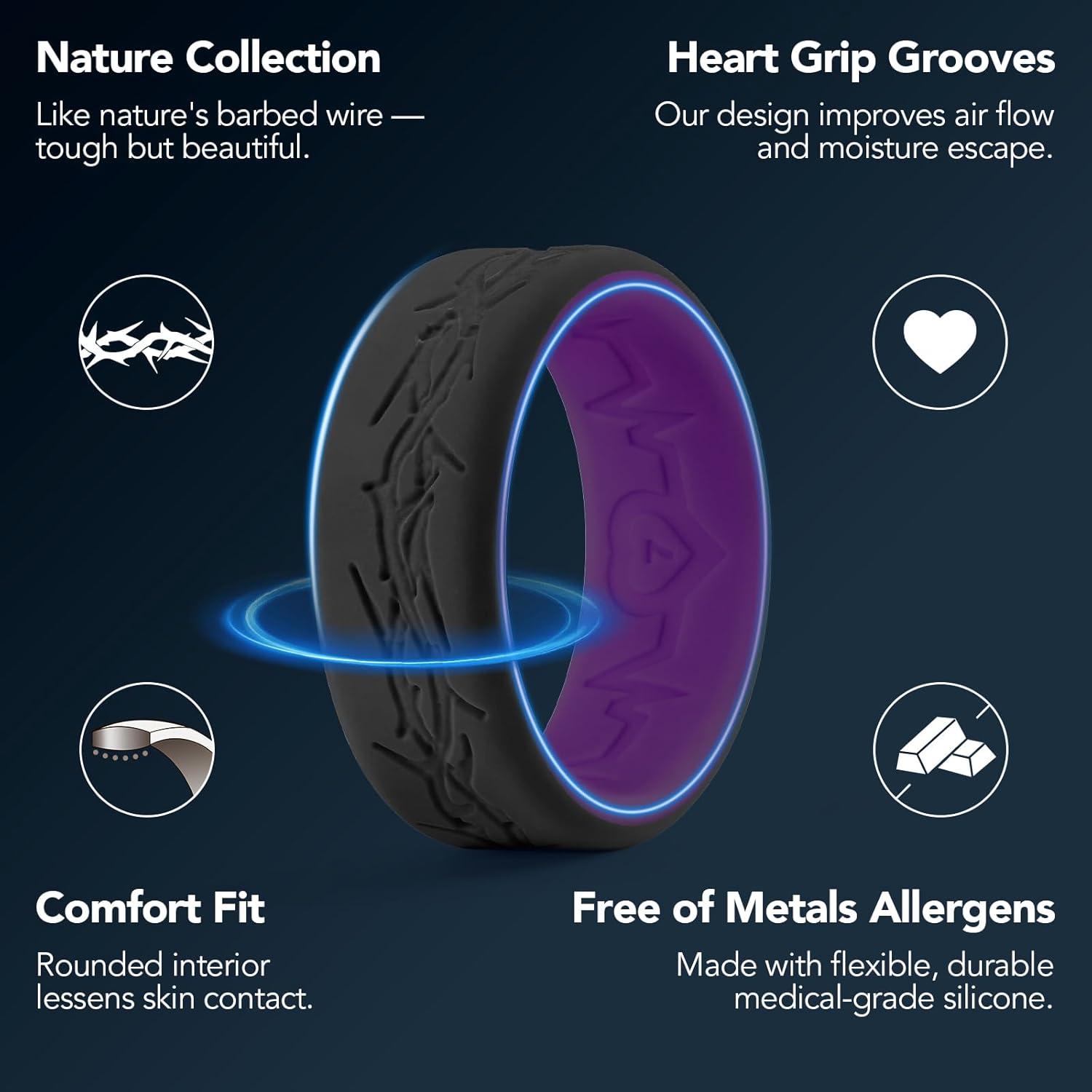 imageKing Will Silicone Rings For Men Rubber Wedding Bands with Unique Mountain Peak Design Multiple Colors 8mm Wide 22mm Thick Comfort Fit Size 713Black Purple Thorns