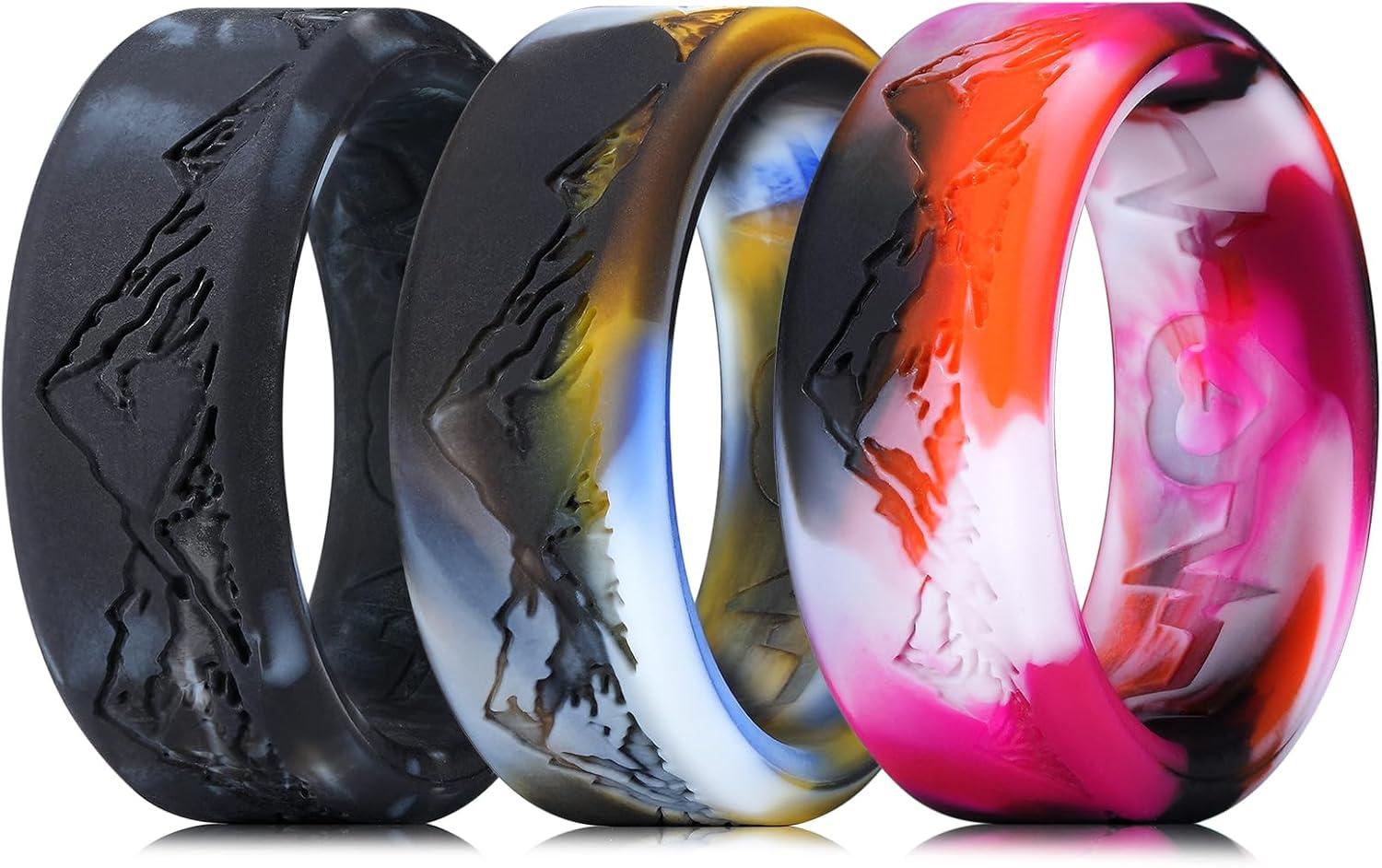 imageKing Will Silicone Rings For Men Rubber Wedding Bands with Unique Mountain Peak Design Multiple Colors 8mm Wide 22mm Thick Comfort Fit Size 713Black White Yellow Blue White Black Red White Camo