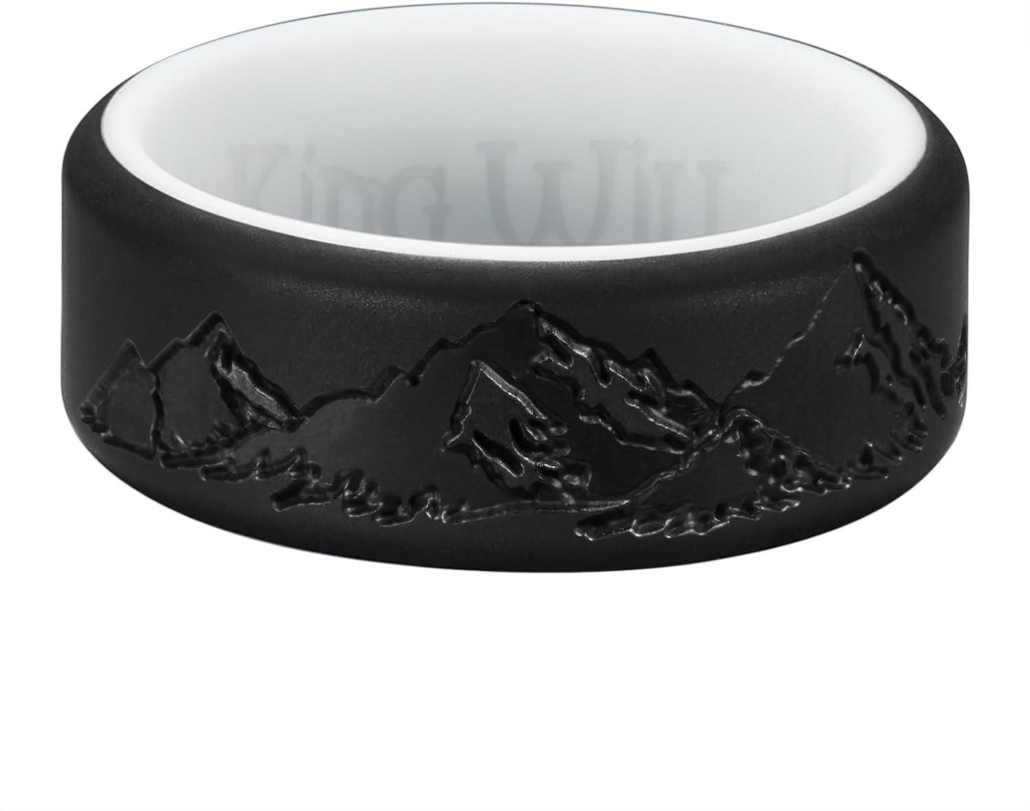 imageKing Will Silicone Rings For Men Rubber Wedding Bands with Unique Mountain Peak Design Multiple Colors 8mm Wide 22mm Thick Comfort Fit Size 713Black White
