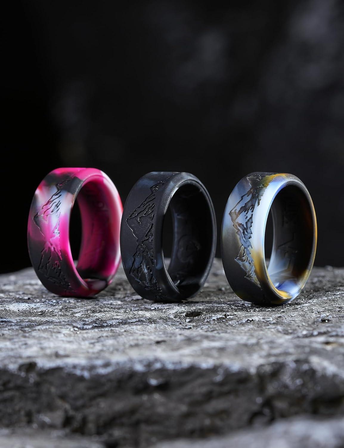 imageKing Will Silicone Rings For Men Rubber Wedding Bands with Unique Mountain Peak Design Multiple Colors 8mm Wide 22mm Thick Comfort Fit Size 713Black White Yellow Blue White Black Red White Camo