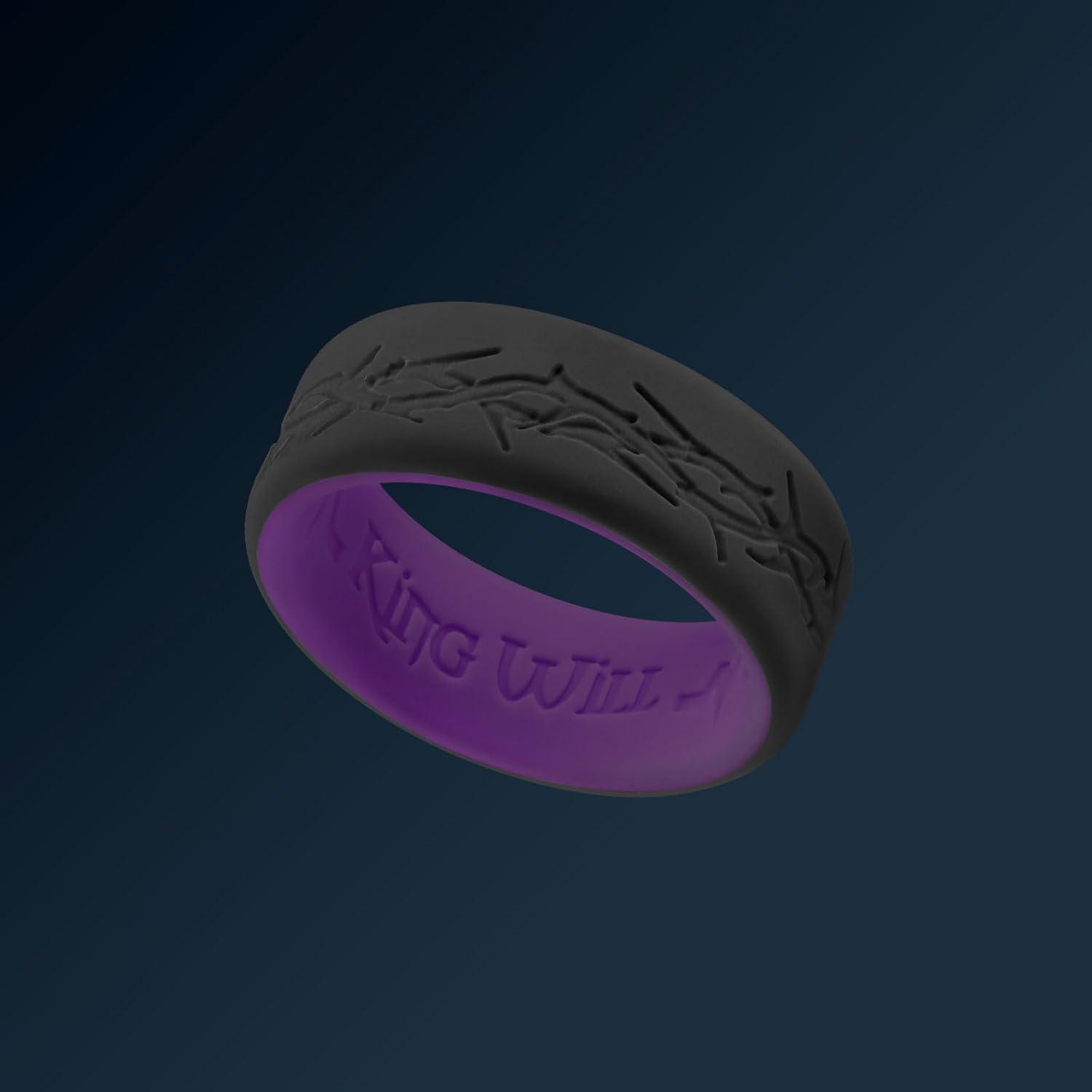 imageKing Will Silicone Rings For Men Rubber Wedding Bands with Unique Mountain Peak Design Multiple Colors 8mm Wide 22mm Thick Comfort Fit Size 713Black Purple Thorns