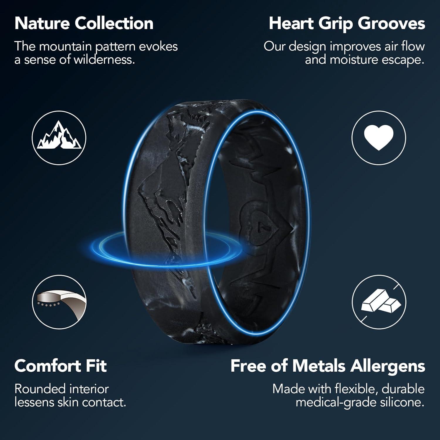 imageKing Will Silicone Rings For Men Rubber Wedding Bands with Unique Mountain Peak Design Multiple Colors 8mm Wide 22mm Thick Comfort Fit Size 713Black White Yellow Blue White Black Red White Camo