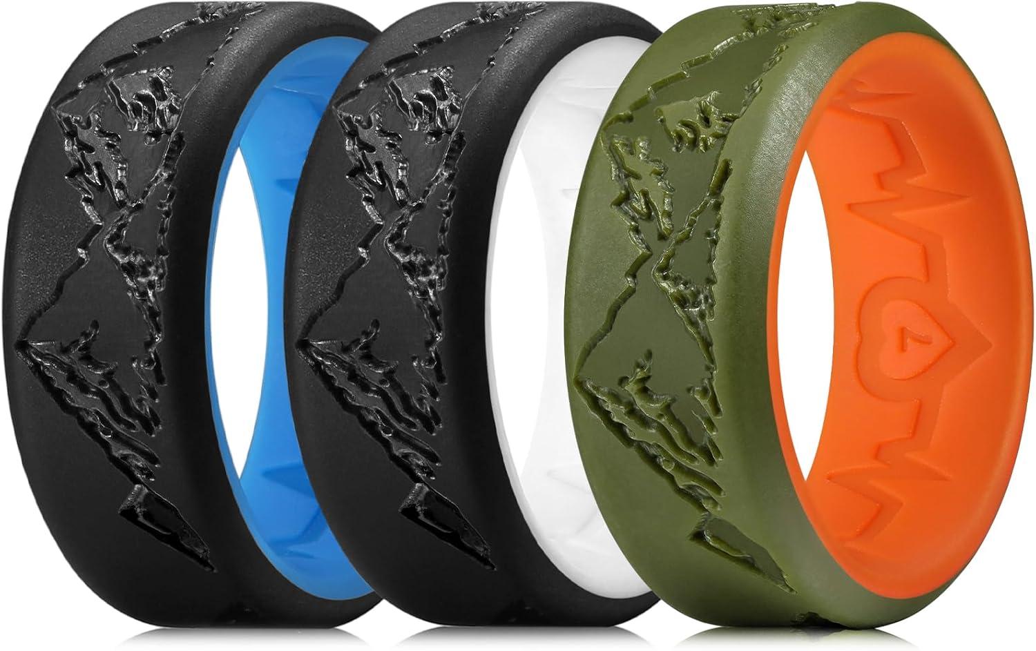 imageKing Will Silicone Rings For Men Rubber Wedding Bands with Unique Mountain Peak Design Multiple Colors 8mm Wide 22mm Thick Comfort Fit Size 713Black Blue Black White Olive Green Orange