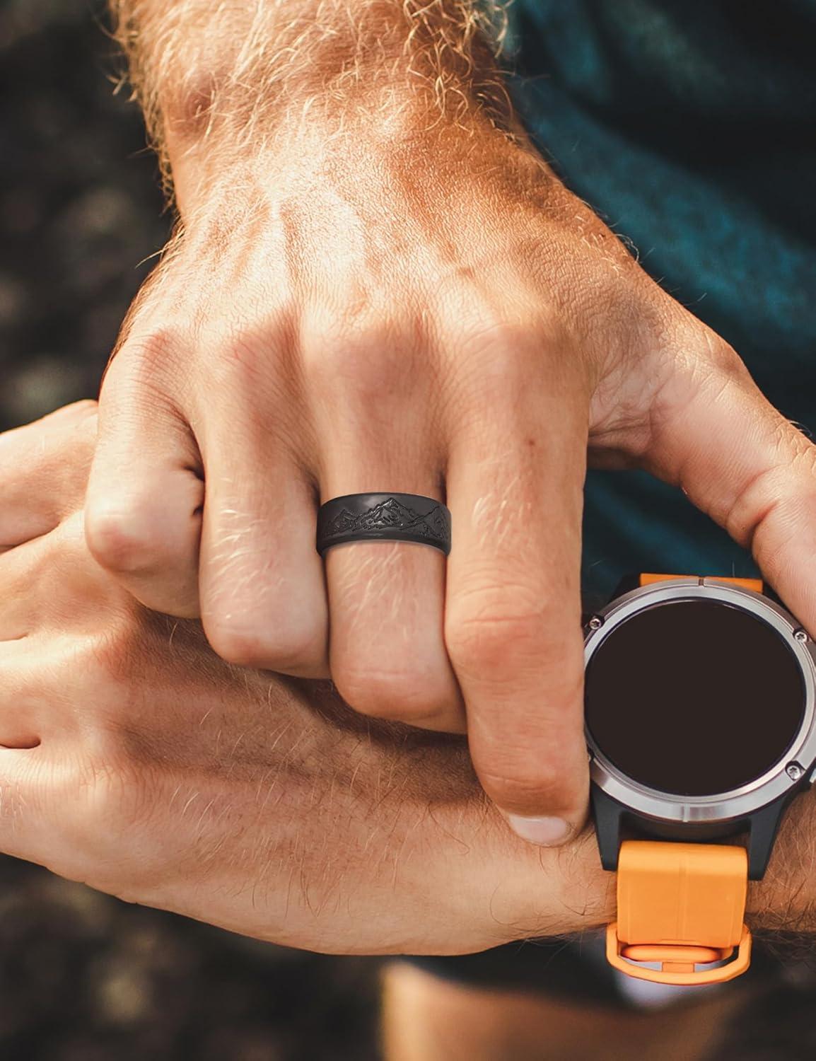 imageKing Will Silicone Rings For Men Rubber Wedding Bands with Unique Mountain Peak Design Multiple Colors 8mm Wide 22mm Thick Comfort Fit Size 713Black Gray