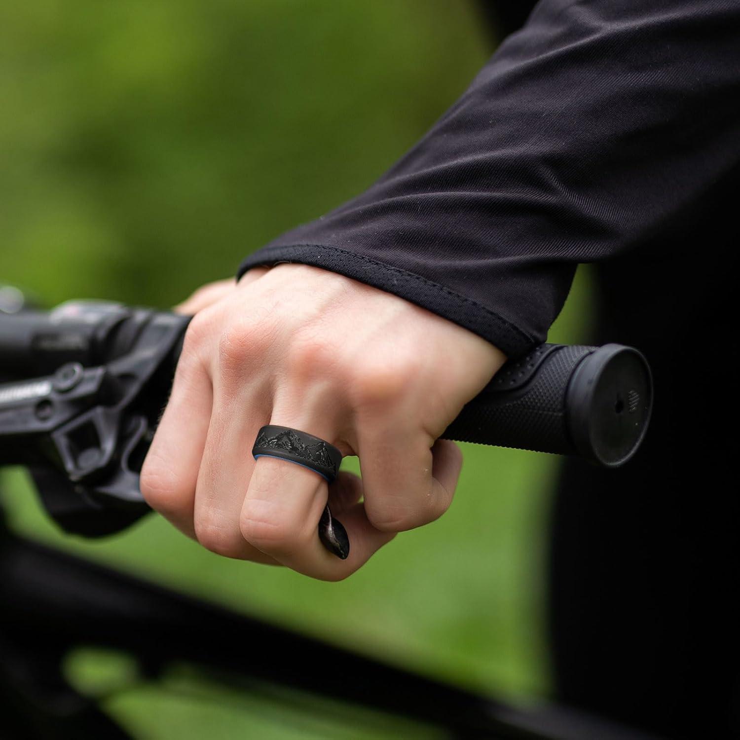 imageKing Will Silicone Rings For Men Rubber Wedding Bands with Unique Mountain Peak Design Multiple Colors 8mm Wide 22mm Thick Comfort Fit Size 713Black Blue