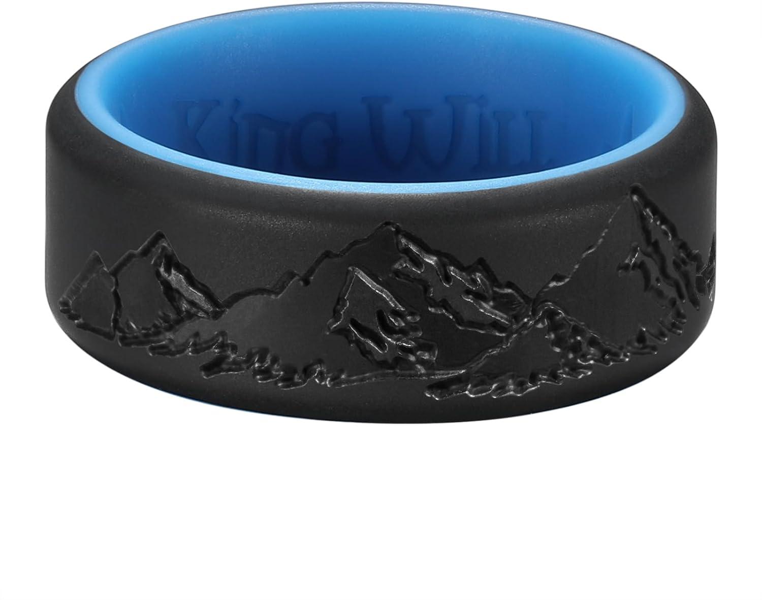 imageKing Will Silicone Rings For Men Rubber Wedding Bands with Unique Mountain Peak Design Multiple Colors 8mm Wide 22mm Thick Comfort Fit Size 713Black Blue