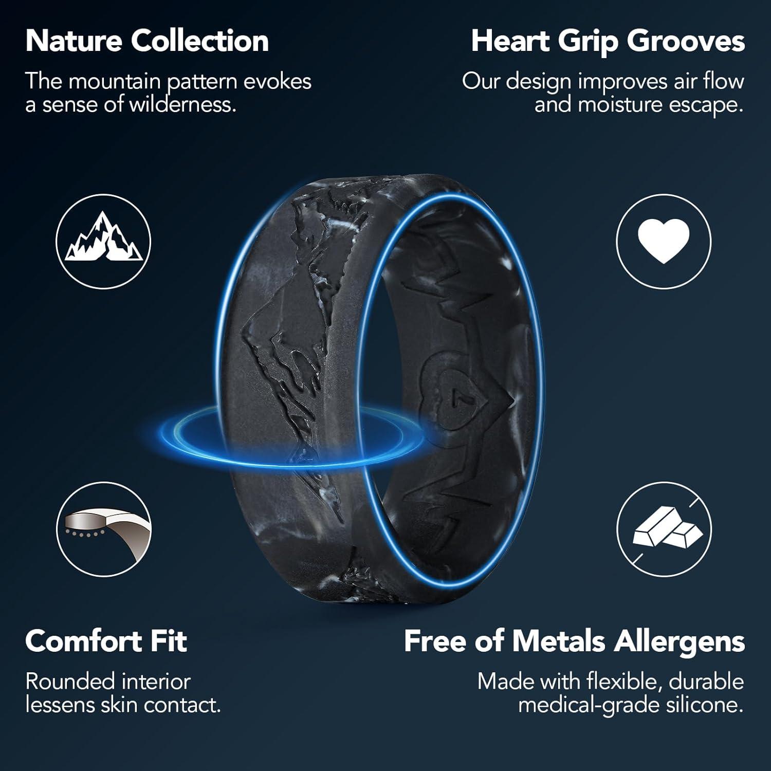 imageKing Will Silicone Rings For Men Rubber Wedding Bands with Unique Mountain Peak Design Multiple Colors 8mm Wide 22mm Thick Comfort Fit Size 713Black White Camouflage