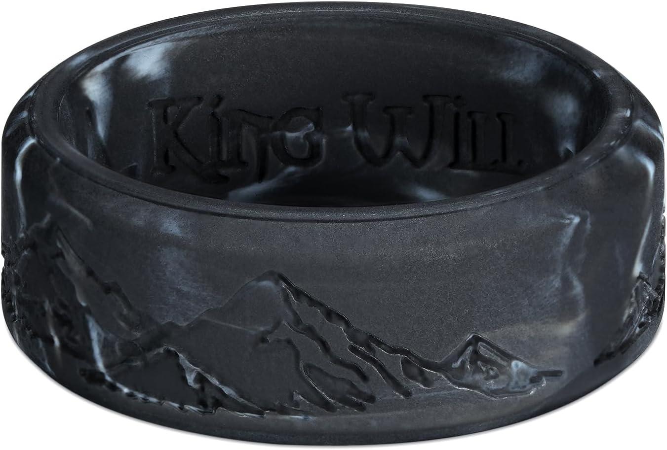 imageKing Will Silicone Rings For Men Rubber Wedding Bands with Unique Mountain Peak Design Multiple Colors 8mm Wide 22mm Thick Comfort Fit Size 713Black White Camouflage