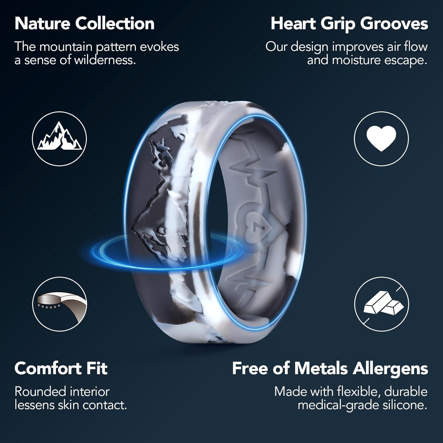 imageKing Will Silicone Rings For Men Rubber Wedding Bands with Unique Mountain Peak Design Multiple Colors 8mm Wide 22mm Thick Comfort Fit Size 713Black  Gray Camouflage