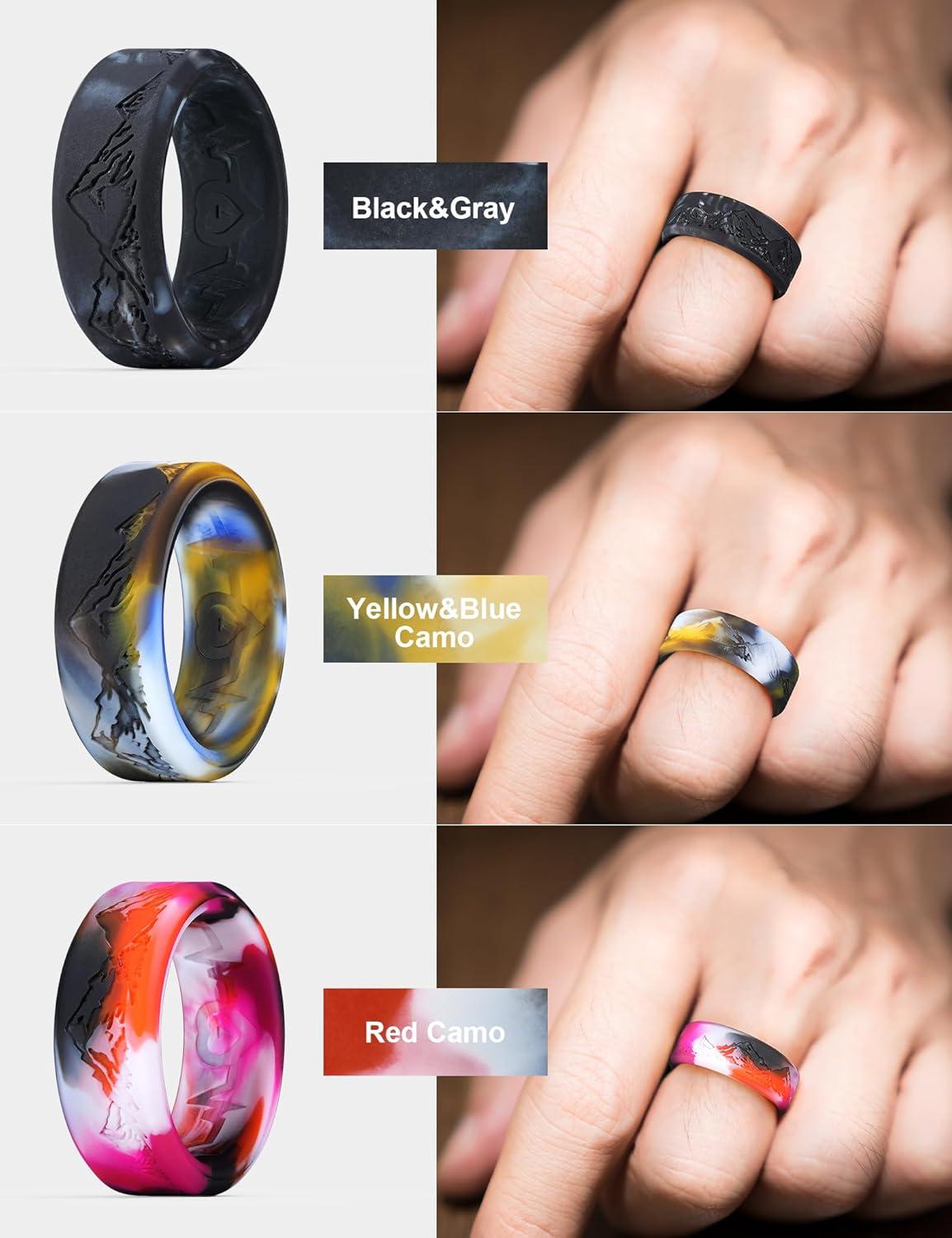 imageKing Will Silicone Rings For Men Rubber Wedding Bands with Unique Mountain Peak Design Multiple Colors 8mm Wide 22mm Thick Comfort Fit Size 713Black White Yellow Blue White Black Red White Camo