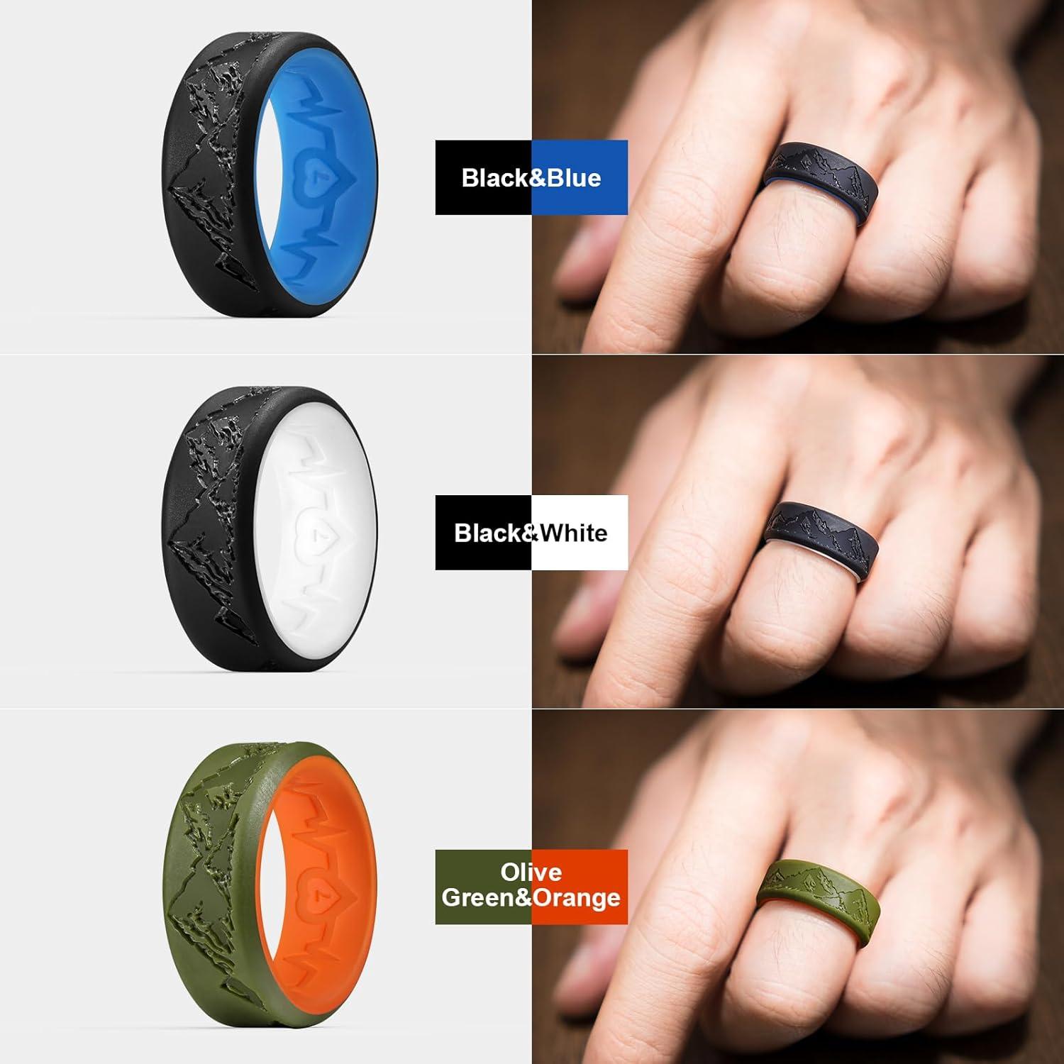 imageKing Will Silicone Rings For Men Rubber Wedding Bands with Unique Mountain Peak Design Multiple Colors 8mm Wide 22mm Thick Comfort Fit Size 713Black Blue Black White Olive Green Orange